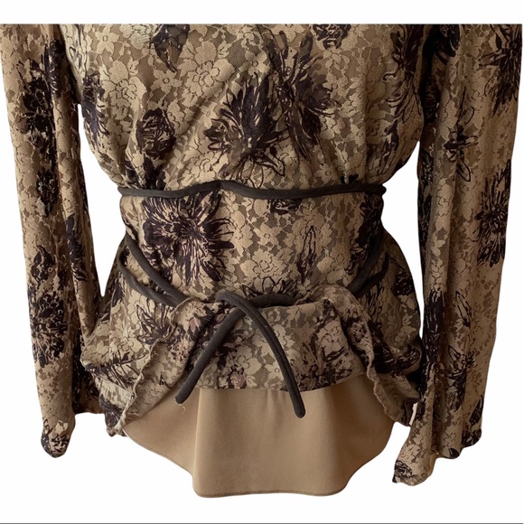 WRAP FRONT LACE LONG SLEEVE TAN BROWN DRESSY PARTY HOLIDAY TOP - Picture 6 of 8